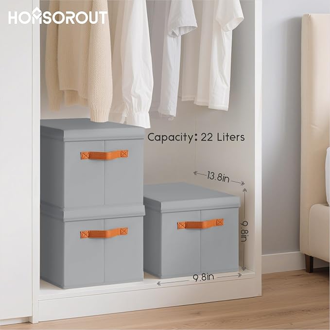 Storage Bins with Lids - Fabric Storage Baskets for Shelves, 8 Pack Foldable Decorative Boxes with Handles, Stackable Organizer Bins for Home, Nursery, Dorm, Grey