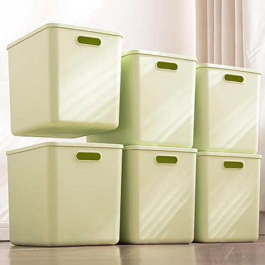 6 pack large plastic White storage bins with Lids, Toy Box Chest with Handle，Organizer Containers Baskets for Baby,Nursery，Shelves，Playroom, Bedroom，Office,Closet，home (Light Green, 6XL)