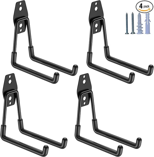 HUPBIPY Garage Hooks Heavy Duty 4 Pack, Wall Mount Ladder Hooks | 5.1in U Shaped Hanger, Storage Organizer With a non-slip coating For Hanging Bicycles, Garden Tools Hoses and Ropes (Black)