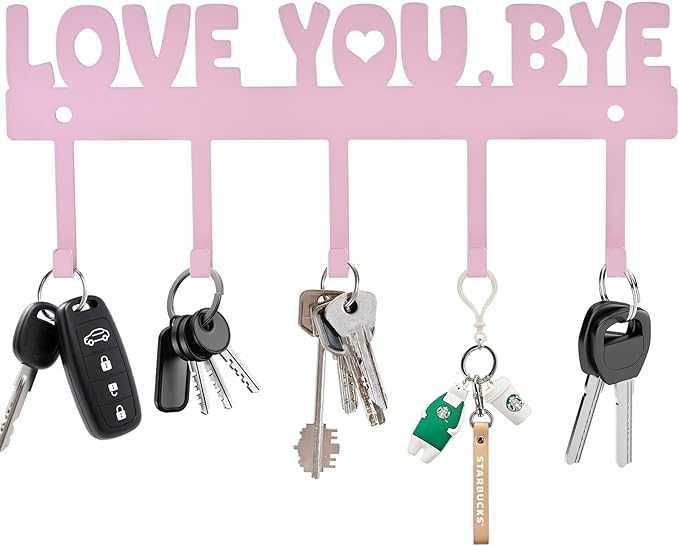 Adhesive Key Hanger Rack, Pink, 10x4 Inch | 5-Hook, Wall Mount Organizer, No Drill Easy Install, For Home Entryway