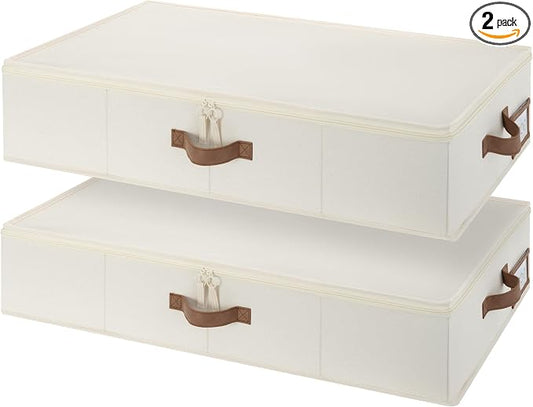 StorageWorks Underbed Storage Containers with Lids, 2-Pack 6" Low Profile Under Bed Organizers for Clothes, Bedding and Sweaters, 53L Large Fabric Storage Bins, Foldable Space Saving, Beige