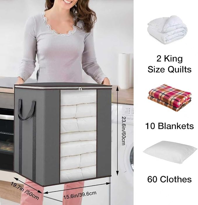 120L Extra Large Clothes Storage Bags, 3 Pack Blanket & Clothing Storage Bins, Foldable Closet Organizers with Clear Window and Reinforced Handles for Clothing, Blankets, Bed Sheets and Pillows