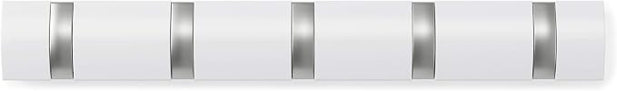 Umbra Flip Coat Rack, Wall Mounted 5-Hook Space Saving, White/Nickel | Real wood and steel build, retractable hooks fold flat, holds coats bags and scarves, easy install