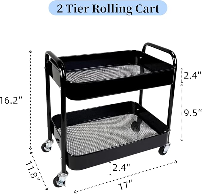2 Pack Pantry Cart 2 Tier Small Rolling Cart with Wheels for Under Desk Storage, Short Rolling Utility Cart Large Basket Metal Kitchen Shelf with Mesh Laundry Room Organizer Side Table, Black