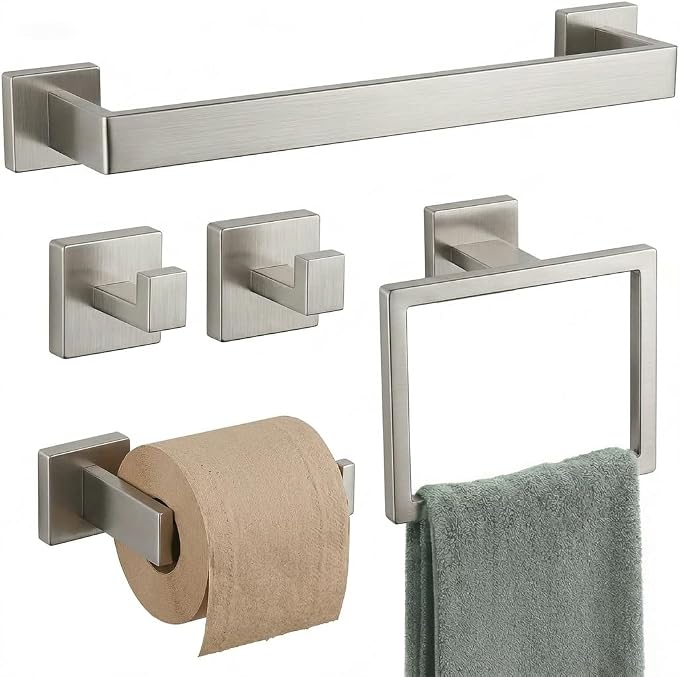 5-Piece Bathroom Hardware Set, 23.6 in Towel Bar, Brushed Nickel | SUS304 stainless steel, 55 mm square bases, concealed screw mount, towel ring, toilet paper holder, 2 robe hooks