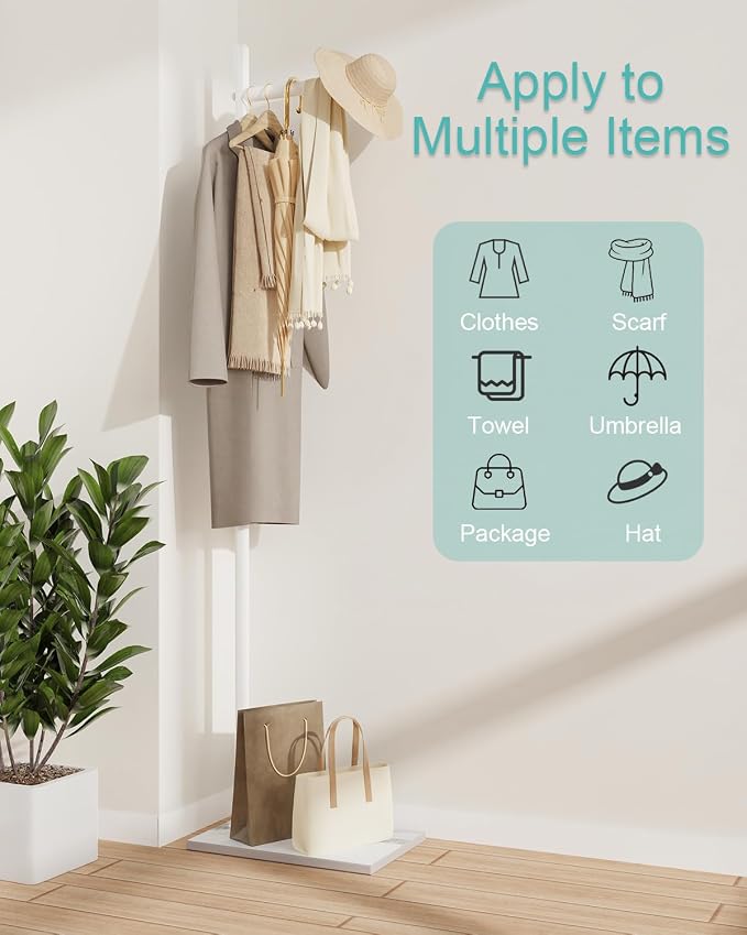 Yawinhe Metal Coat Stand with Square Base,68.5 Inches High,White,1-Pack | Coat Rack with Rock Base;L Shaped Freestanding Hall Tree;Clothes Hanger Stand Suitable for Bedroom,Hallway, Entrance