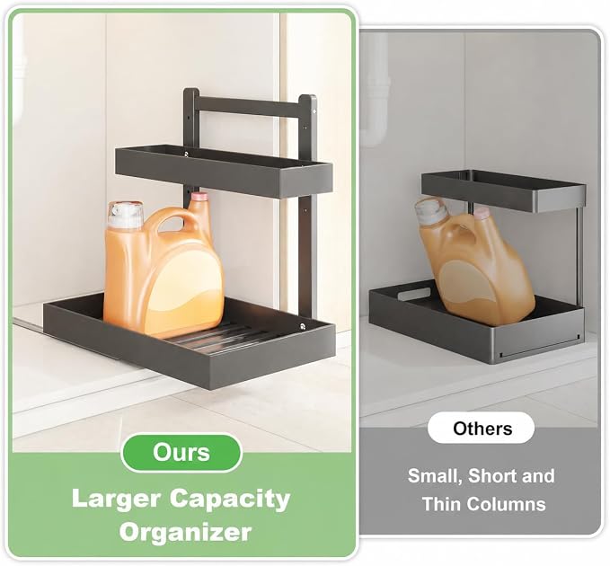 Bamboo Under Sink Organizer 2 Pack, 2-Tier Pull Out Cabinet Organizer | Kitchen Sink Organizer | Bathroom Cabinet Organizer | Cleaning Supply Storage | L-Shape | 3-Level Adjustable | Natural Bamboo