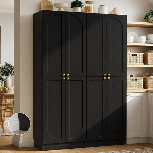 Cyclysio 80" Kitchen Pantry, Extra Tall Arch Storage Cabinet with 8 Soft Close Doors and Adjustable Shelves, Freestanding Wood Cupboard with Seamless Fit Wall for Dining Living Room Bathroom Furniture