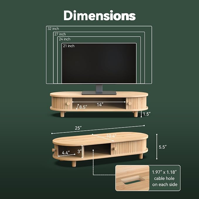 Bamboo Monitor Stand with Storage, 25 Inch Desk Shelf Riser | Curved Computer Laptop Stand Desk Shelf Organizer with Sliding Doors for 47-55 Inch Desk