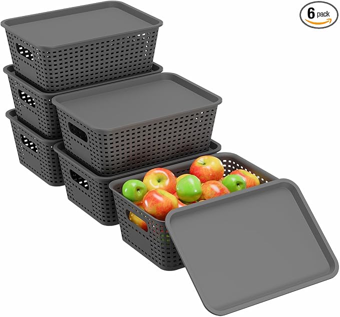 Resze 6 Pack Plastic Breathable Storage Baskets with Lids, Gray | Organizer Bins& Containers for Pantry, Desktops, Cabinet, Closet, Offices Organization Toys, Space Saving, Easy-Carry Handles