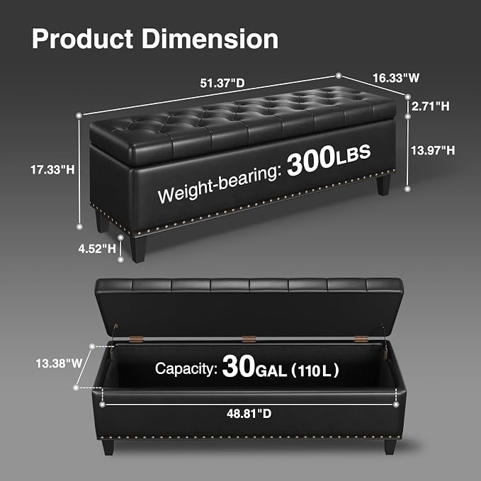 FiveWillowise 51 Inch Storage Ottoman Bench,Large End of Bed Storage Bench | Faux Leather Ottoman with Storage,30 Gallons,Upholstered,with Nailhead Trim,Legs,for Bedroom,Living Room,Entryway,Black