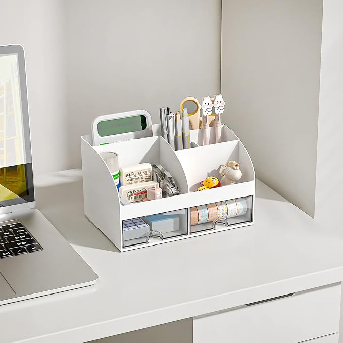 COMFYROOM Desk Organizer with 6 Compartments and 2 Drawers, Plastic Makeup Organizer, Pen Holder for Desktop Storage, Desk Organization for School, Home, Office Supplies (White)