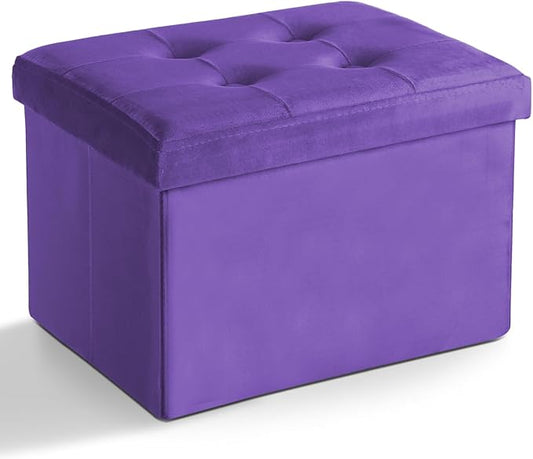 LINMAGCO Storage Ottoman Folding Foot Stool Velvet Foot Rest with Padded Modern Ottoman with Storage for Living Room Puppy Step Stool 17x13x13in(Purple)