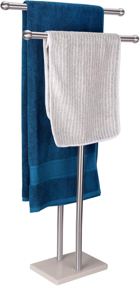 WAYDELI Standing Towel Rack Double-T Shape Tall Bath Towel Sheet Holder with Marble Design Base for Bathroom 2 Tier Towel Holder Stand Stainless Steel (Brushed Nickel)
