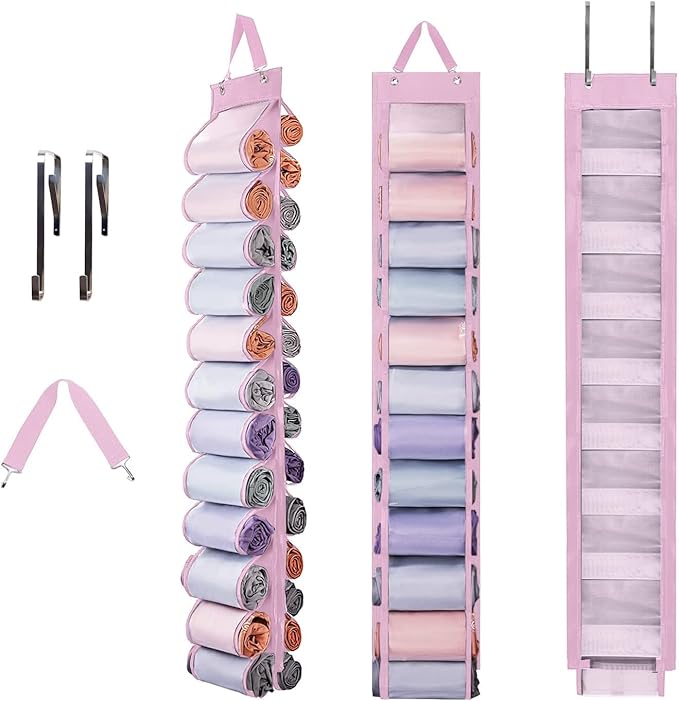 DHSFKBE Legging Organizer Storage, Shirt Organizer, Foldable Hanging Closet Organizer Storage with 26 Roll Independent Compartments for Yoga Pants, Tank Top, Towel, Underwear (Pink)