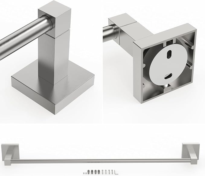RUACQ Towel Bar 24" Towel Racks for Bathroom Wall Mounted, Brushed Nickel | One-Piece Bath Towel Holder, Total Length 26 Inch Single Towel Rod, 304 Stainless Steel Rustproof, Square Base, Heavy Duty
