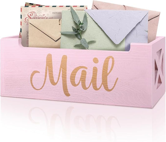Wooden Mail Organizer Countertop | Pink Cute Mail Holder for Wall | Rustic Desk Mail Sorter Basket Letter Holder for Home Office Entryway Decor