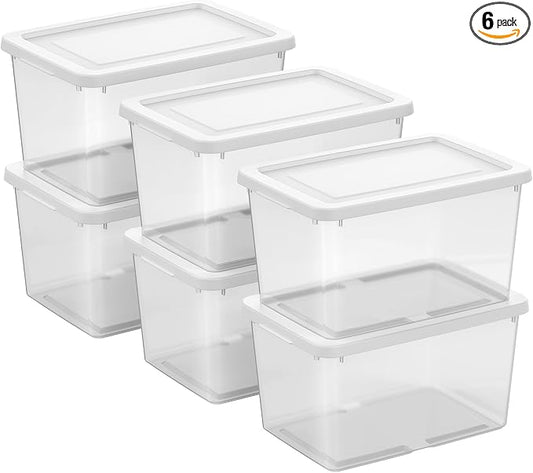 Sterilite Storage Box, Stackable Clear Plastic Bins, 20 Quart, 6-Pack | Heavy-Duty Organizing Containers with Snap-On Lids for Closet, Bathroom, and Office