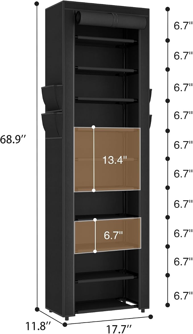 ROJASOP Shoe Rack with Covers 10 Tier Large Shoe Organizer Tall Shoe Closet Storage for 20-22 Pairs Shoe and Boot, Free Standing Shoe Rack Organizer for Closet, Entryway, Bedroom, Black