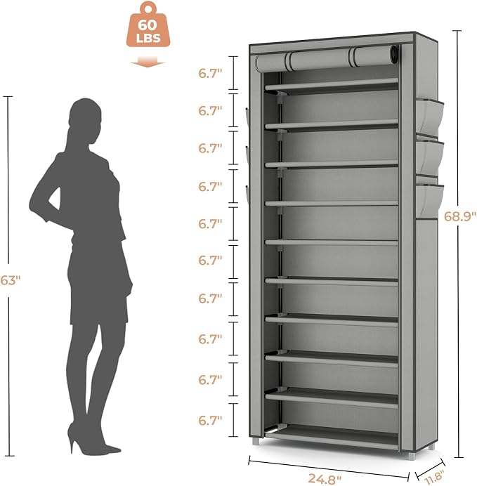 VTRIN Vertical Narrow Shoe Rack Organizer Tall Shoe Rack for Closet Entryway 10 Tier Non-Woven Cover Shoe Shelf Holds 36-41 Pairs Free Standing Shoe Storage Cabinet with Dustproof Cover, Grey