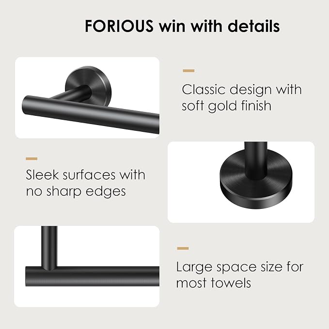 FORIOUS Towel Bar 9" Towel Racks for Bathroom Wall Mounted Matte Black | Total Length 11 Inch, Rustproof, Stainless Steel Towel Holder, Wall Mounted for Bathroom Bedroom, Heavy Duty, Space Saving