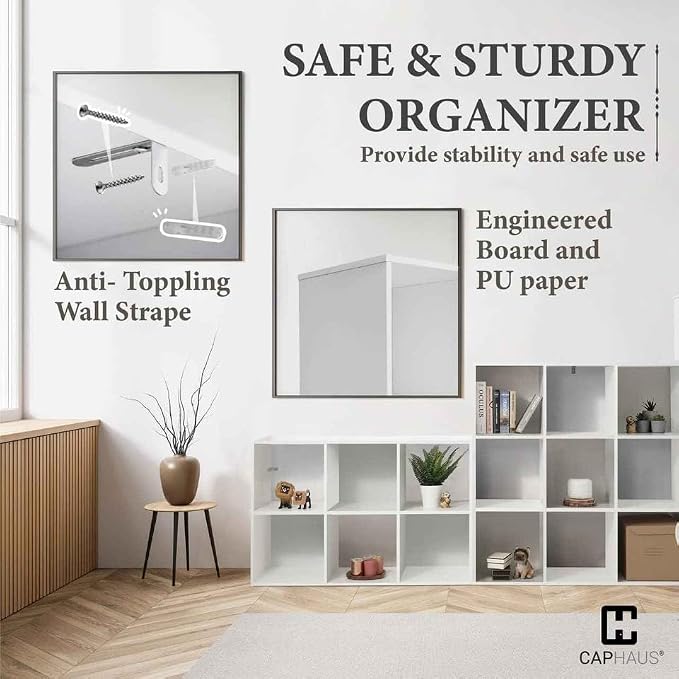 CAPHAUS Sturdy Room 11-Inch Cube Storage Organizer Shelf, with Thick Exterior Edge, Storage Shelf Divider w/Back, Bookcase, 9-Cube, White