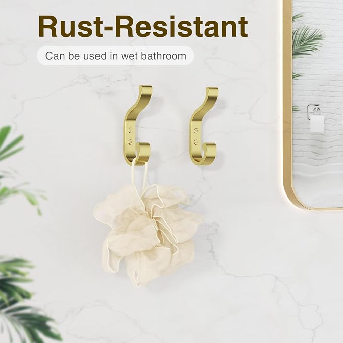 Gold Wall Hooks for Hanging Coats: Metal Mount - Large Heavy Duty (30 Lb) - Screw In - Mudroom for Clothes, Backpack, Purse, Bathroom Towel, 6 Pack
