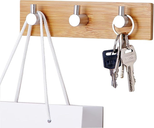 Bamboo Wood Key Holder for Wall - Key Hanger with Hooks - Decorative Wall Hooks for Hanging Heavy Duty Key Organizer for Kitchen, Bedroom, Bathroom - Ideal Coat Rack (3 Hooks, Sliver)