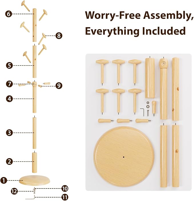 Taitiy Solid Wood Coat Rack Freestanding Coat Tree with 10 Hooks | with 10 Hooks for Bedroom, Livingroom, Entryway, Sturdy Coat Hanger Stand for Hats, Coats, Scarves, Handbags, Purses(Natural)