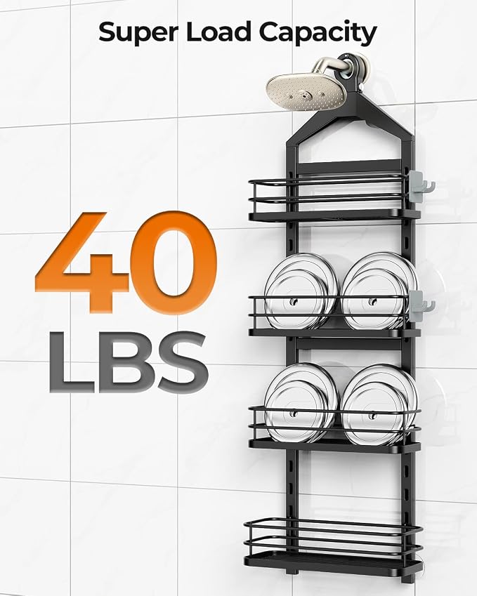 ODesign 4 Tier Adjustable Shower Organizer Hanging Over Showerhead Black | Shower organizer hanging,no drilling required,comes with removable hook and storage box, suitable for indoor showers