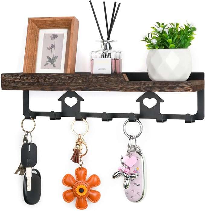 lucdnc Key Holder for Wall with Tray, 7 Hooks & Wood Shelf | Decorative Entryway Organizer for Mail, Keys, Sunglasses, Wall Mounted, Home Office