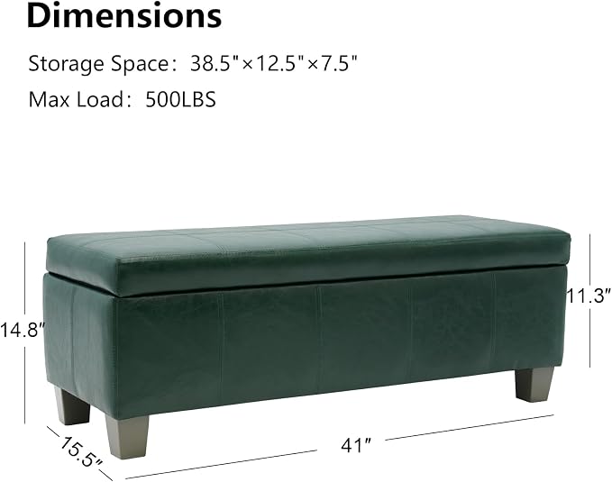 41" Storage Ottoman, Storage Bench with Safety Hinge, Upholstered Synthetic Leather Ottoman Bench for Bedroom, Living Room, Entryway, Hallway, Foot Rest, Support 500lbs
