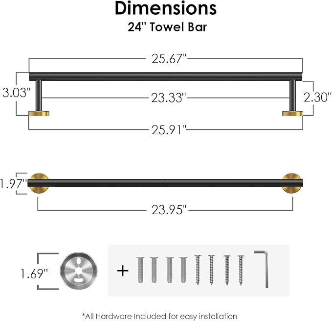 FORIOUS Towel Bar 24" Towel Racks for Bathroom Wall Mounted Black and Gold | Total Length 26 Inch, Rustproof, Stainless Steel Towel Holder, Wall Mounted for Bathroom Bedroom, Heavy Duty, Space Saving