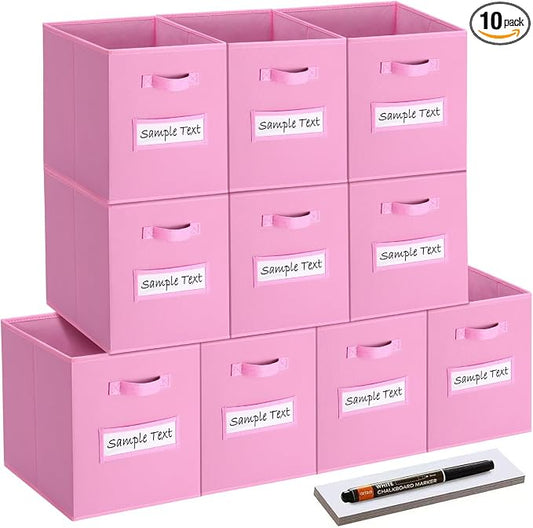 13x13 storage cube bins (Set of 10) Foldable Fabric storage cubes with 10 Labels Window Cards & a Pen,13 inch cube storage bins,Closet Organizers for Shelves,Cubby Organizer Boxes,Light Pink
