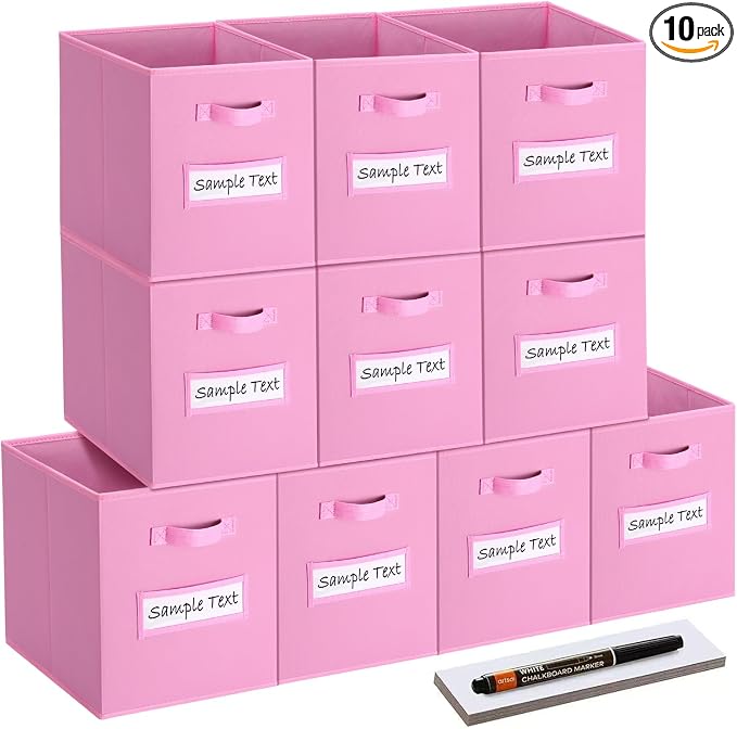 11x11 storage cube bins (Set of 10) Foldable Fabric storage cubes with 10 Labels Window Cards & a Pen,11 inch cube storage bin,Closet Organizers for Shelves,Cubby Organizer Boxes,Light Pink
