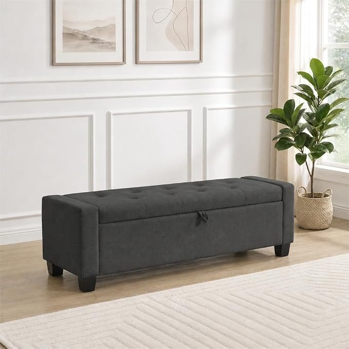 Huatean Home 43" Ottoman with Storage, Dark Gray Storage Ottoman Bench | Upholstered Entryway Bench with Seating for Bedroom, Living Room, with Safety Hinge, Holds up to 330 lb