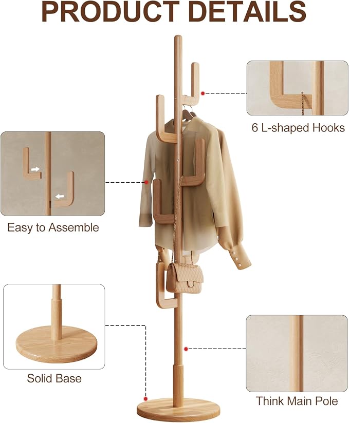 Solid Wood Cactus Coat Rack, Freestanding Coat Rack With 6 L-Shaped Hooks and 3 Adjustable Sizes, Coat Tree for Bedroom, Entryway, Livingroom, Coat Hanger Stand for Coats, Handbags (Natural)