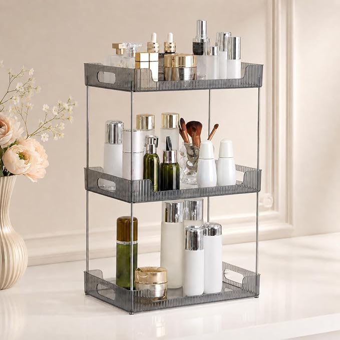 Goderewild 3-Tier Bathroom Counter Organizer, Multi-Purpose Cosmetics Skincare Shelf, Makeup Organizer for Vanity Tray, Countertop Storage Solution for Kitchen and Bath. (Smoky Gray)