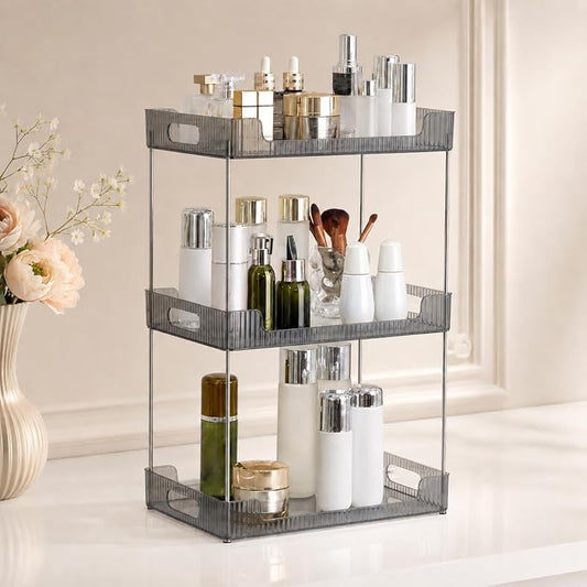 Goderewild 3-Tier Bathroom Counter Organizer, Multi-Purpose Cosmetics Skincare Shelf, Makeup Organizer for Vanity Tray, Countertop Storage Solution for Kitchen and Bath. (Smoky Gray)