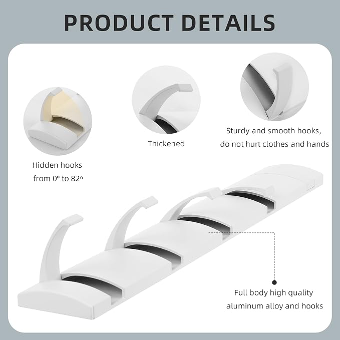Foldable Stylish Modern Hook Rack with 5 Hooks, Coat Hooks Wall Mount, Metal Coat Hook Rail for Coat Hat Towel Purse Robes Mudroom Bathroom Entryway (White)