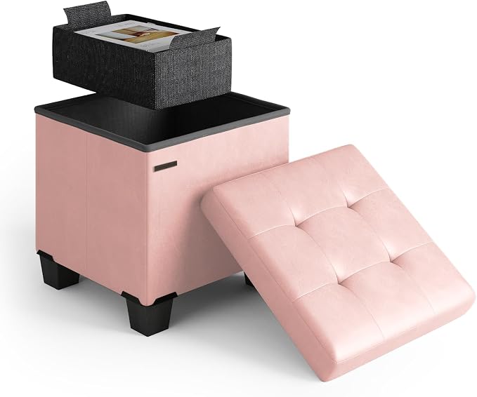 Storage Ottoman Cube with Small Bin, 15-in Square Ottoman with Storage for Living Room and Bedroom, Small Ottomans Foot Rest, Leather Foot Stools Ottomans Max 330lbs, Pink
