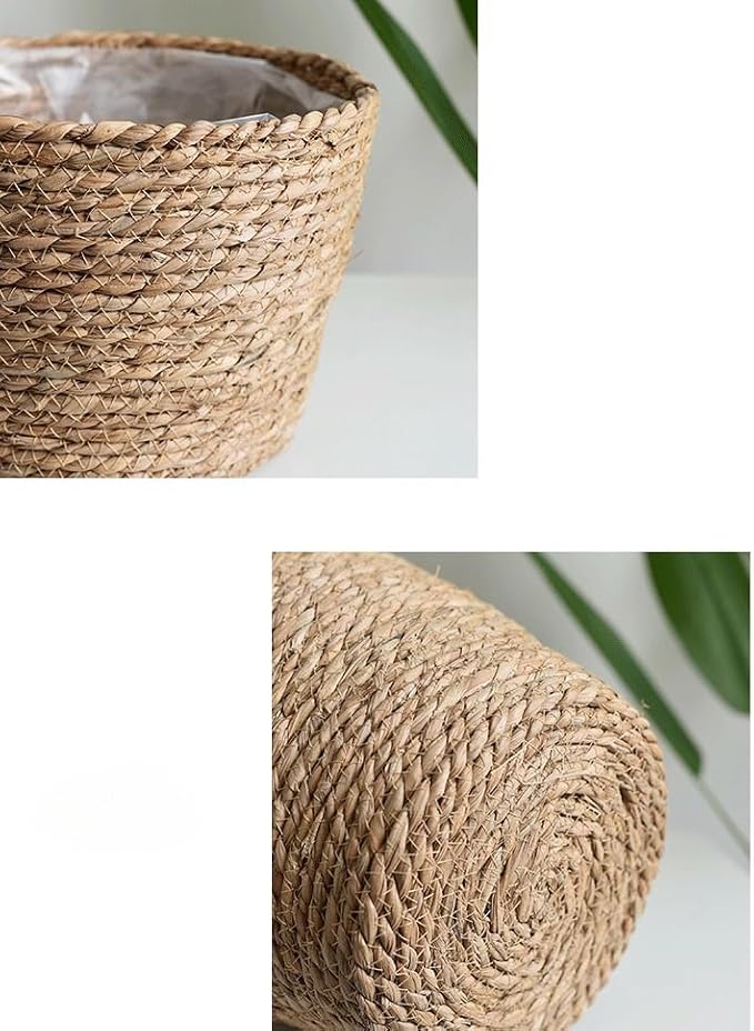 Seagrass Planter Basket Set With Plastic Lining Woven Storage Basket 7x6 In Indoor And Outdoor Plant Flowerpot Baskets Are Very Suitable For Flowerpot Covers. Natural Plant Containers (Small)