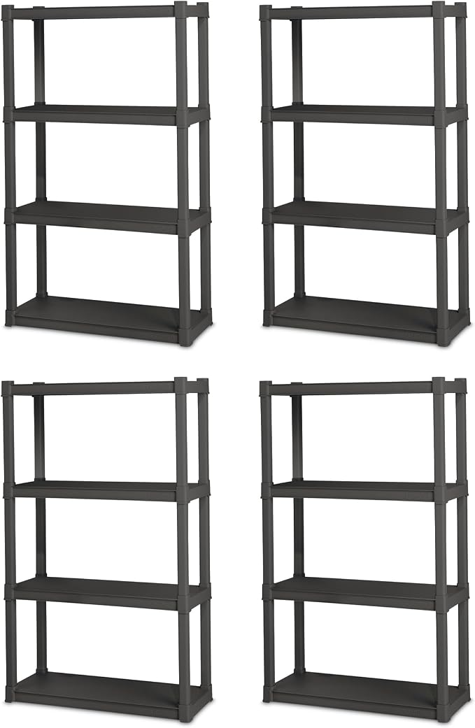 Sterilite 4-Pack 4 Shelf Unit, Heavy-Duty Shelving Storage and Utility Rack - Standing Plastic Organizer Shelves for Kitchen, Bathroom, and Garage