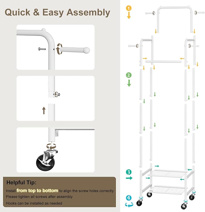 Small Clothing Rack with Wheels, Narrow Rolling Clothes Rack with 2 Shelves | Gasvadivum 71" Tall Sturdy Metal Garment Rack with 4 Hanging Rods & 4 Hooks, Portable Coat Rack for Bedroom, Bathroom, White