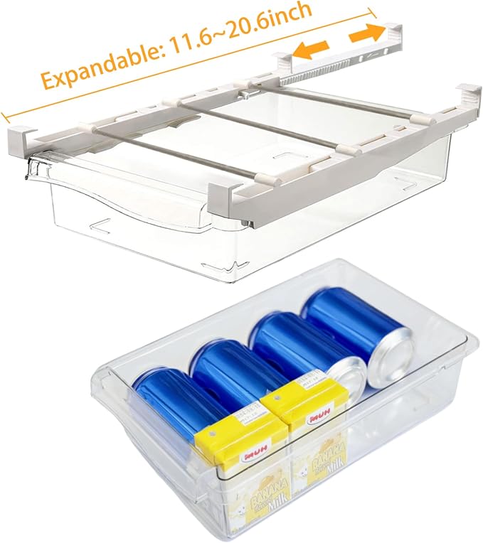 URALFA 2PCS Fridge Drawer Organizer and Egg Holder For Refrigerator | Adjustable Fridge Under Shelf Drawer, Hanging Fridge Sliding Drawer, Refrigerator Storage Containers for Egg, Fruit, Cheese
