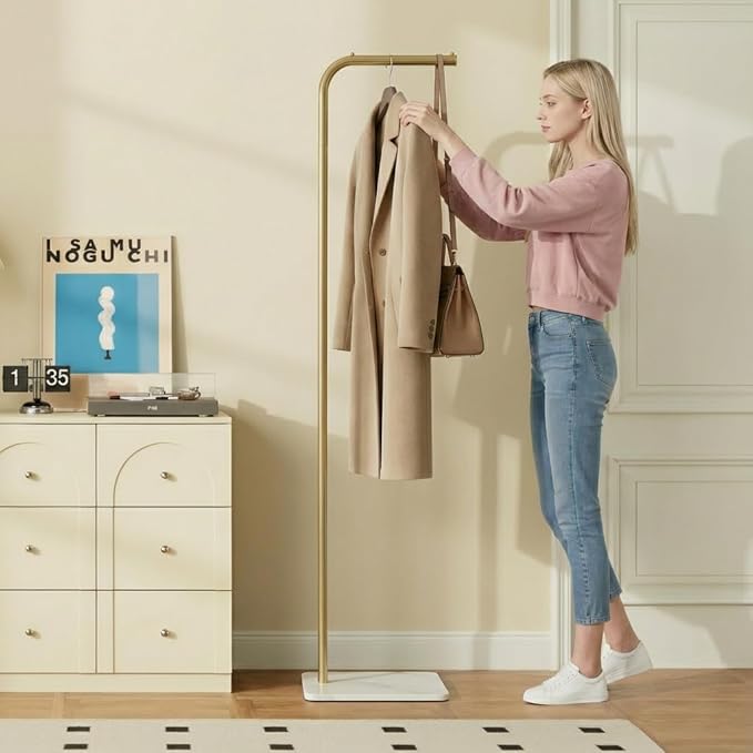 Coat Rack, L-Shaped Freestanding Metal Clothes Stand with Sintered Stone Base, Stable & Sturdy Storage for Coats, Hats, Bags, and Scarves, Ideal for Entryway, Office, and Bedroom, 15.7" x 9.8" x 67"