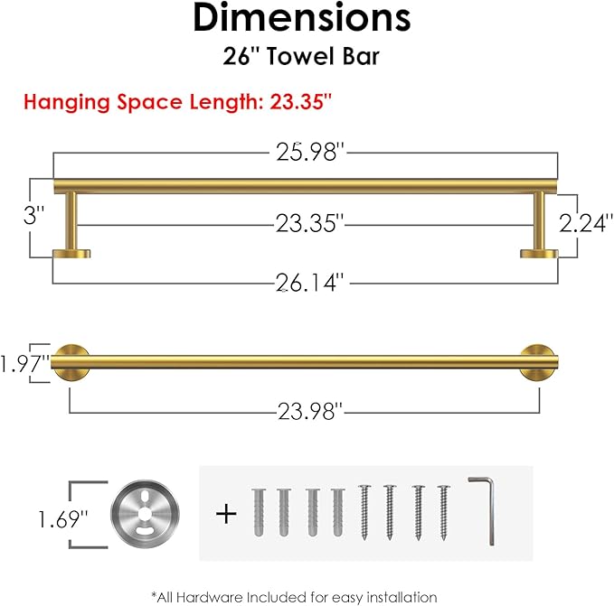 FORIOUS Towel Bar 24" Towel Racks for Bathroom Wall Mounted Brushed Gold | Total Length 26 Inch, Rustproof, Stainless Steel Towel Holder, Wall Mounted for Bathroom Bedroom, Heavy Duty, Space Saving
