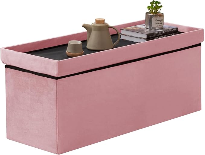 BRIAN & DANY 43 Inches Folding Storage Ottoman Bench, Velvet Ottoman with Storage for Living Room, Bedroom, Entryway, Ottoman Foot Rest, End of Bed Bench (Dusty Pink)