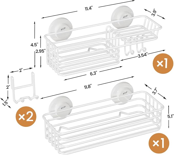 LEVERLOC Shower Caddy Suction Cup, 2 Pack Shelves for Inside with Hooks | White Shower Basket, Rustproof Meatl Bathroom Holder, Soap Holder, NO-Drilling Bathroom Organizer