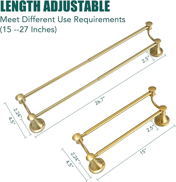 Hoimpro Double Towel Bar Towel Rack for Bathroom Wall Mounted Brushed Gold | Adjustable 16-26 In,Wall Mounted Towel Holder, Stainless Steel, Rustproof, Towel Rod Hanger Hardware Accessories Hotel